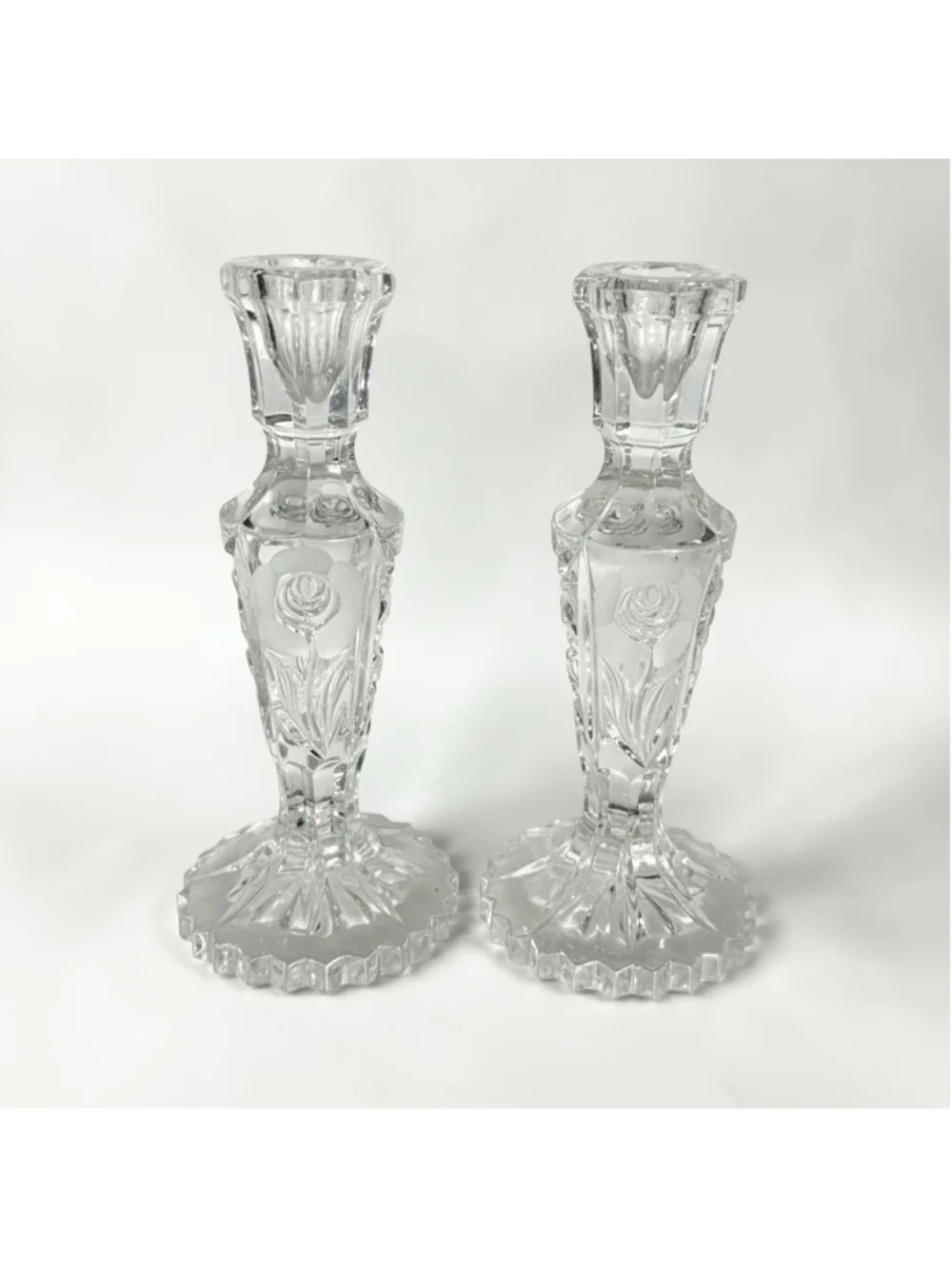 2 Clear Glass Single Candlestick Holders One Size Frosted Rose Ornate flower